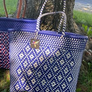 Blue and White Woven Tote Bag